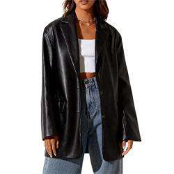 Damen Kunstleder Blazer Jacke Langarm Knopfleiste Oversized Blazer Shacket Motorrad Freund Mantel Vintage Herbst Outwear (Schwarz, S) von Mayber