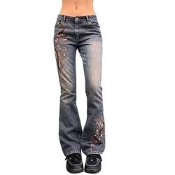 Damen Low Waist Wide Leg Jeans Vintage Print Baggy Hose Y2k Distressed Straight Denim Pants Slim Flare Jean E Girl Streetwear (Blau, M) von Mayber