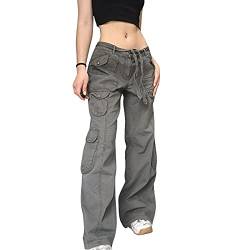 Damen Low Waist Wide Leg Jeans Vintage Print Baggy Hose Y2k Distressed Straight Denim Pants Slim Flare Jean E Girl Streetwear-Grau 4,S von Mayber