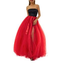 Damen Tutu Langer Rock Hoher Schlitz Layered Tüll Maxi Puffy Röcke Verstellbare Taille Bodenlang Cocktail Hochzeit Tüllrock (Rot, Einheitsgröße) von Mayber