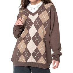 Damen V-Ausschnitt Strickpullover Y2k Preppy Stil Argyle Plaid Pullover Geometrische Muster Langarm Pulli Strickoberteile (Braun, L) von Mayber