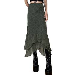 Damen Vintage Blumendruck Rock Y2k Grunge Midi Röcke Hohe Taille Ästhetisches Mesh Doppelschicht Boho Langer Rock Streetwear (Armeegrün, S) von Mayber