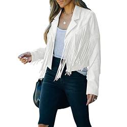 Mayber Damen Fransen Quaste Jacke Revers Langarm Slim Cropped Faux Wildleder Hippie Motor Biker Jacke Offene Front Strickjacke Outwear (Weiß, L) von Mayber