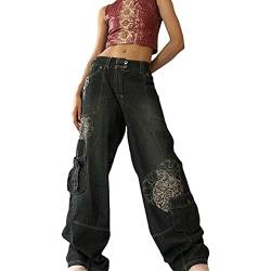 Mayber Damen Hohe Taille Jeanshosen Breites Bein Y2k Baggy Jeans Grafik Print Denim Hosen Gothic Dunkel Punk Cargohosen Streetwear (Y-Schwarz, M) von Mayber