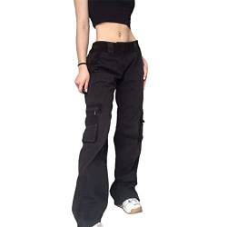 Mayber Damen Low Waist Cargo Jeans Gerade Breites Bein Baggy Denim Hosen Y2k Indie Aesthetic Vintage Jeanshosen 90er Streetwear (T-Schwarz, M) von Mayber