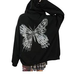 Mayber Damen Schmetterling Drucken Hoodies Y2k Aesthetic Kapuzen Sweatshirt Zip Up Pullover Tops Vintage Grafik Kapuzenpullover (B-Schwarz, L) von Mayber