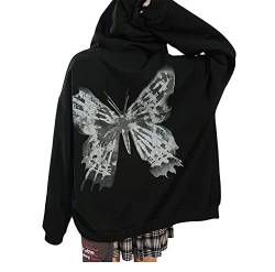 Mayber Damen Schmetterling Drucken Hoodies Y2k Aesthetic Kapuzen Sweatshirt Zip Up Pullover Tops Vintage Grafik Kapuzenpullover (B-Schwarz, S) von Mayber
