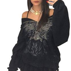 Mayber Damen Strass Skelett Zip Up Hoodie Oversized Gothic Sweatshirt Vintage Schmetterling Print Langarm Cardigan Jacke Y2k Mit Kapuze (Schwarz, M) von Mayber