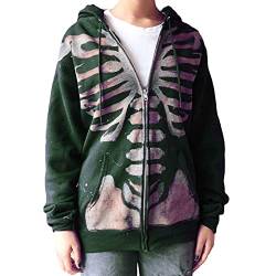 Mayber Damen Y2k Skeleton Zip Up Hoodie Strass Grafik Harajuku Gothic Übergroße Hoodies Ästhetische Pullover Sweatshirts (Grün 1, L) von Mayber