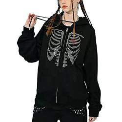 Mayber Damen Y2k Skeleton Zip Up Hoodie Strass Grafik Harajuku Gothic Übergroße Hoodies Ästhetische Pullover Sweatshirts (Schwarz, S) von Mayber