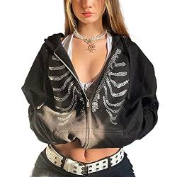 Mayber Damen Y2k Skeleton Zip Up Hoodie Strass Grafik Harajuku Gothic Übergroße Hoodies Ästhetische Pullover Sweatshirts (Schwarz A, S) von Mayber