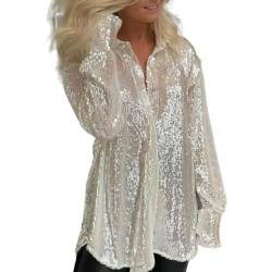 Women Sequin Button Down Shirts Sparkle Glitter Party Clubwear Blouse Loose Long Sleeve Tops Solid Color Shimmer Streetwear (Silver, M) von Mayber