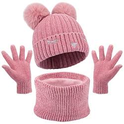 Maylisacc Kinder Wintermütze Schal Handschuhe Mädchen Set 3-6 Jahre 3Pcs Winter Mütze mit Fleecefutter Baby Mütze Warme Winter Beanie Hut Jungen Handschuhe und Fausthandschuhe Set Rosa von Maylisacc