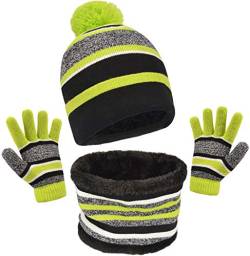 Maylisacc Schalmütze Jungen Winter für 3 4 5 6 Jahre, Warmer Beanie Mütze und Schal Handschuhe Set Kinder Fleece Ski Strickmütze mit Bommel Loop Schal by, Grün von Maylisacc