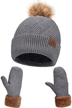 Maylisacc Warme Beanie Mütze Mit Bommel und Handschuhe Fäustlinge Set Damen, Wintermütze Fausthandschuhe mit Weich Fleecefutter, Grau von Maylisacc