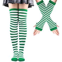 Mayoii Oberschenkelhohe Socken Fingerlose Handschuhe Set, Lange Socken für Frauen Mädchen Arm Beinwärmer, Grün und Weiß gestreift, M/L von Mayoii