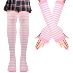 Mayoii Oberschenkelhohe Socken Fingerlose Handschuhe Set, Lange Socken für Frauen Mädchen Arm Beinwärmer, Rosa und weiße Streifen, M/L von Mayoii