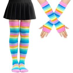 Mayoii Regenbogengestreiften Kniestrümpfe Damen und Fingerlosen Handschuhen Set, LGBT Elastisch Overknee Socken für Damen und Mädchen (Polyester, Regenbogenrosa) von Mayoii