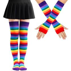 Mayoii Regenbogengestreiften Kniestrümpfe Damen und Fingerlosen Handschuhen Set, LGBT Elastisch Overknee Socken für Damen und Mädchen (Polyester, Regenbogenviolett) von Mayoii