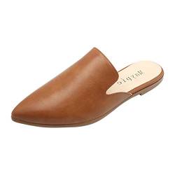 Maypie Damen Flache Pantoletten Geschlossene Spitze Zehenpartie Slipper Slides Rückenfrei Schuhe, Braun, 43 EU von Maypie