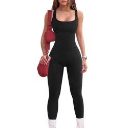 Mayround Damen Jumpsuit Eng Einteiler Stück Bodycon Ärmellos Gepolstert Rückenfrei Einteiler Ganzkörperanzug Sport Yoga Bodysuit Overall Romper Spielanzug Trainingsanzug(Schwarz,S) von Mayround