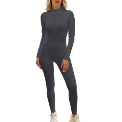 Mayround Damen Sport Jumpsuit Lang Eng Yoga Overall Langarm Sport Jumpsuit mit Reißverschluss Bodycon Strampler Sportanzug Jogginganzug Slim Fit Yoga Fitness von Mayround