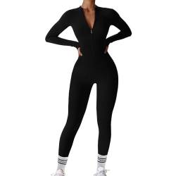 Mayround Damen Sport Jumpsuit Lang Eng Yoga Overall Langarm Sport Jumpsuit mit Reißverschluss Bodycon Strampler Sportanzug Jogginganzug Slim Fit Yoga Fitness von Mayround