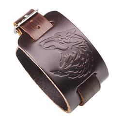 Mayting Schwarzes Braunes Lederarmband Wolfskopf-Armband Verstellbare Breite Gürtelmanschette Punkrock-Armreif im Wickelstil für Männer und Frauen (A) von Mayting