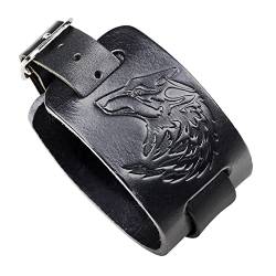 Mayting Schwarzes Braunes Lederarmband Wolfskopf-Armband Verstellbare Breite Gürtelmanschette Punkrock-Armreif im Wickelstil für Männer und Frauen (B) von Mayting