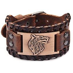 Schwarzes braunes Lederarmband, Wikinger-Wolfskopfmuster, Armreif, Vintage, nordischer Punk-Stil, breite Manschette, Armband für Damen und Herren, Leder, von Mayting