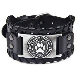 Schwarzes braunes Lederarmband im Punk-, Wikinger-, Wolfs- und Bärentatzen-Design, nordische Runen-Armreif, breite Herren-Manschette, Leder, verstellbares Armband, Leder von Mayting