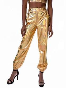 Mcaishen Damenhose Freizeitsport Street-Hip-Hop-Party Glänzende Plissee-Hose Hologramm-Laser-Loose-Hose Für Alltägliche Bühnenkostüme.(L,Gold) von Mcaishen