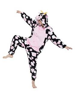 Mcdslrgo Adult Cow Onesie Flanell Cartoon Nachtwäsche Halloween Cosplay Kostüm Unisex (L, Pink) von Mcdslrgo
