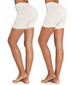 Mcilia Damen Ultradünne Modal elastische Kurze Leggings 2-Pack Cremeweiß Spitzenbesatz/Plain Größe XL (EU 50 52) von Mcilia