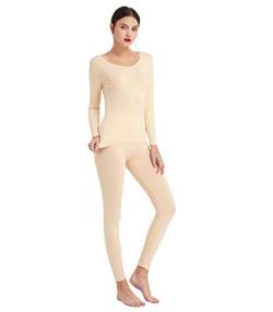 Mcilia Damen Ultradünnes Thermo-Unterwäsche Oberteil & Unterteil-Set aus Modal mit tiefem Rundhalsausschnitt Beige Small (EU 34 36 38) von Mcilia