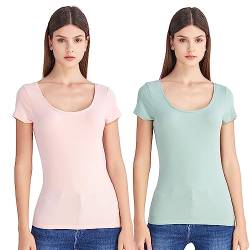 Mcilia Stretch T-Shirt mit U-Ausschnitt Soft Solid Basic Tee, 2er-Pack Hellrosa/Hellgrün L von Mcilia