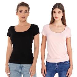 Mcilia Stretch T-Shirt mit U-Ausschnitt Soft Solid Basic Tee, 2er-Pack Hellrosa/Schwarz L von Mcilia