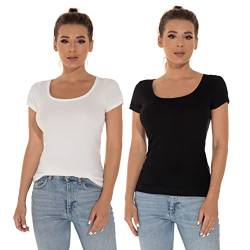 Mcilia Stretch T-Shirt mit U-Ausschnitt Soft Solid Basic Tee, 2er-Pack Schwarz/Nicht-gerade Weiss L von Mcilia