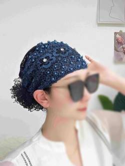 2024 Damen-Kopfbedeckung mit floraler Spitze, mit Perlen besetztes Blumen-Spitzen-Stirnband, Spitzen-Stirnbänder für Frauen, hochelastisches Netz-Kopfbedeckung für Frühling und Sommer (Blau) von Mciluyaiio