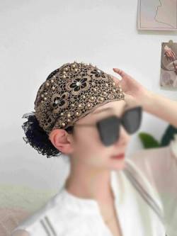 2024 Damen-Kopfbedeckung mit floraler Spitze, mit Perlen besetztes Blumen-Spitzen-Stirnband, Spitzen-Stirnbänder für Frauen, hochelastisches Netz-Kopfbedeckung für Frühling und Sommer (Braun) von Mciluyaiio
