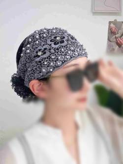 2024 Damen-Kopfbedeckung mit floraler Spitze, mit Perlen besetztes Blumen-Spitzen-Stirnband, Spitzen-Stirnbänder für Frauen, hochelastisches Netz-Kopfbedeckung für Frühling und Sommer (Grau) von Mciluyaiio