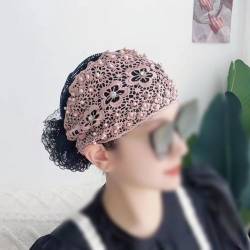 2024 Damen-Kopfbedeckung mit floraler Spitze, mit Perlen besetztes Blumen-Spitzen-Stirnband, Spitzen-Stirnbänder für Frauen, hochelastisches Netz-Kopfbedeckung für Frühling und Sommer (Rosa) von Mciluyaiio