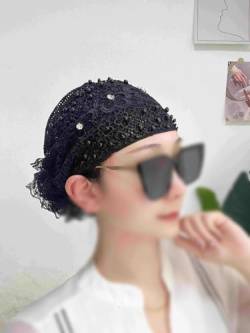 2024 Damen-Kopfbedeckung mit floraler Spitze, mit Perlen besetztes Blumen-Spitzen-Stirnband, Spitzen-Stirnbänder für Frauen, hochelastisches Netz-Kopfbedeckung für Frühling und Sommer (Schwarz) von Mciluyaiio