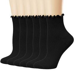 Mcool Mary Damen-Socken mit Rüschen, lässig, niedlich, atmungsaktiv, gestrickt, Baumwolle, warm, weich, Rüschen, Crew-Socken für Frauen, 6 Stück, Schwarz-1, 37-42 EU von Mcool Mary