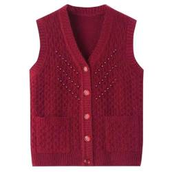 MdybF Gestrickte Weste Frühling Herbst Perlen Strickpullover Weste Jacke Frauen Verdickte Ärmellose Pullovermantel Oma Strickjacke Weste Outwear Outwear Tops-Weinrot-4Xl 68-75 Kg von MdybF