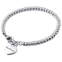 MeMeDIY Personalisierte Armband Gravur Namen Anfangsbuchstabe Birthstone Knöchel für Frauen Mädchen Edelstahl verstellbare Perle Link mit Herz Runde Tag Bester Freund Geschenke Zierlicher Schmuck von MeMeDIY