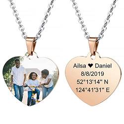 MeMeDIY Personalisierte Herz Anhänger für Männer Frauen Gravur Name/Text/Datum/Farbbild Gravierte Foto Halskette für Paare Brautjungfer Geschenke Bester Freund Edelstahl Liebhaber Schmuck (Roségold) von MeMeDIY