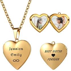 MeMeDIY Personalisierte Schmuckketten für Frauen kette mit Gravur Herzmedaillon mit Foto Namenskette für Mütter, Edelstahl, Gold Glatt 50 cm Chain von MeMeDIY