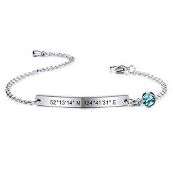 MeMeDIY Personalisiertes Armband Angepasste Gravur Name/Datum/Koordinaten für Frauen Freundin Beste Freundin Knöchelgelenk aus Edelstahl Geburtsstein Bar-Armband mit verstellbarer Kette (Silber Farbe) von MeMeDIY