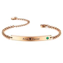 MeMeDIY Personalisiertes Geburtsstein-Armband Angepasst Gravur Name/Datum/Koordinaten für Frauen Mädchen Edelstahl Zierliche Verstellbare Gliederkette Brautjungferngeschenk(Roségold Farbe) von MeMeDIY